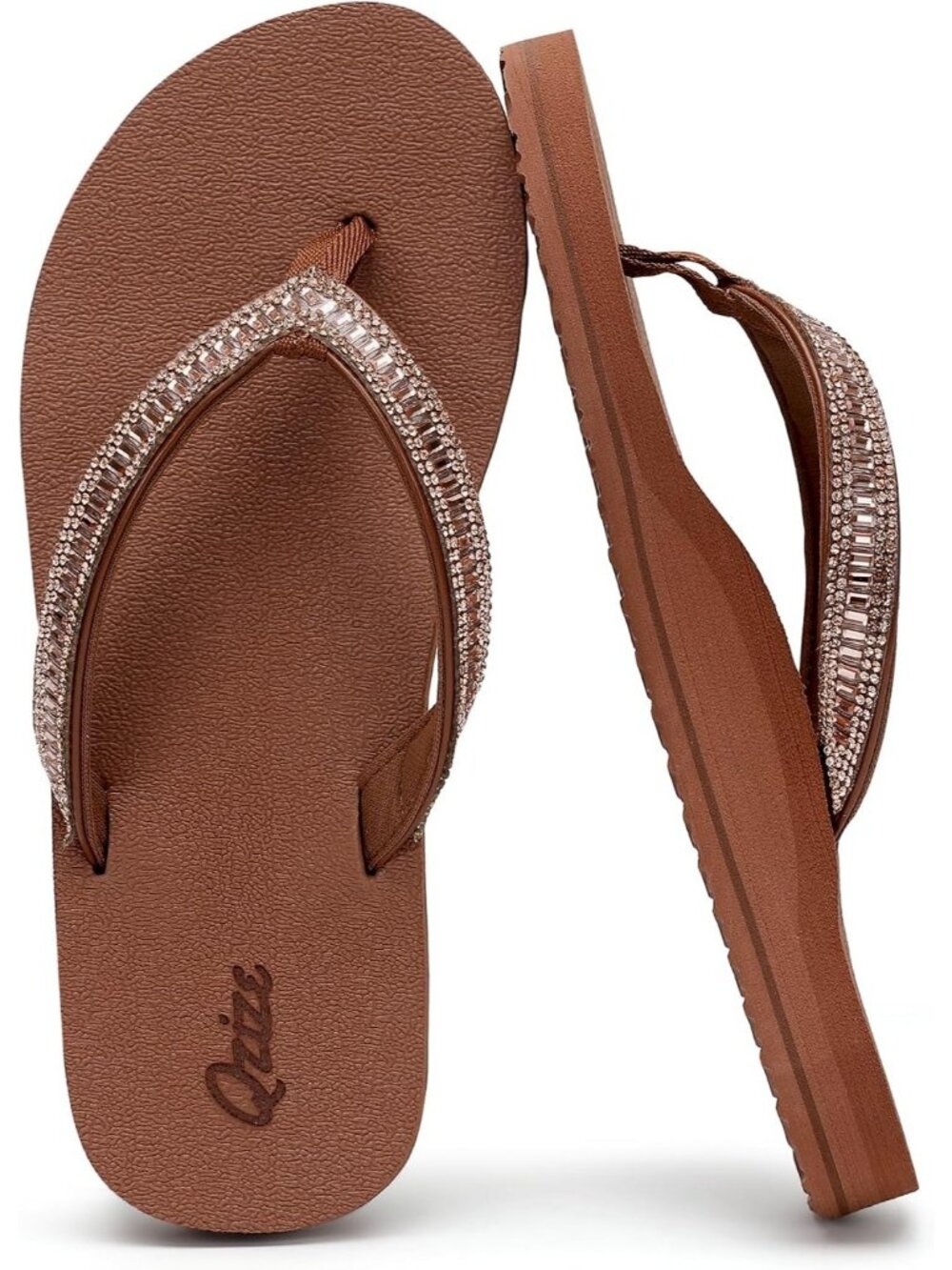 Women's Black Brown Summer Comfortable Flip Flops with Rhinestone Thong Sandals